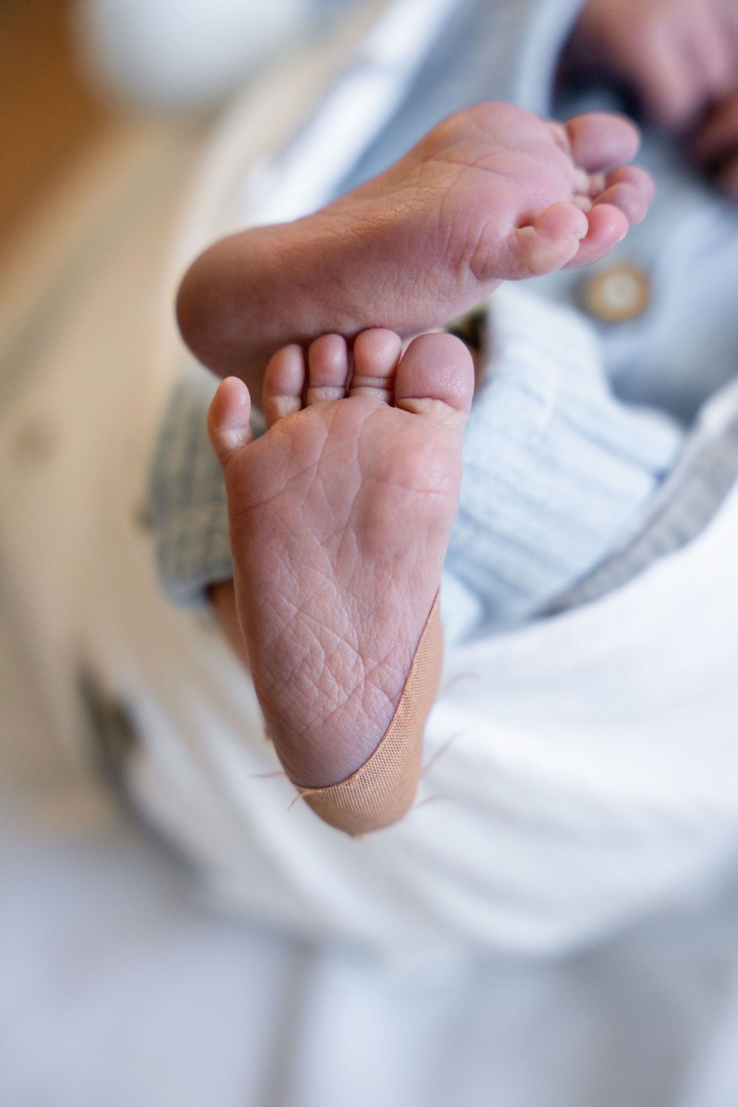 Close-up of tiny newborn baby feet with delicate wrinkles.