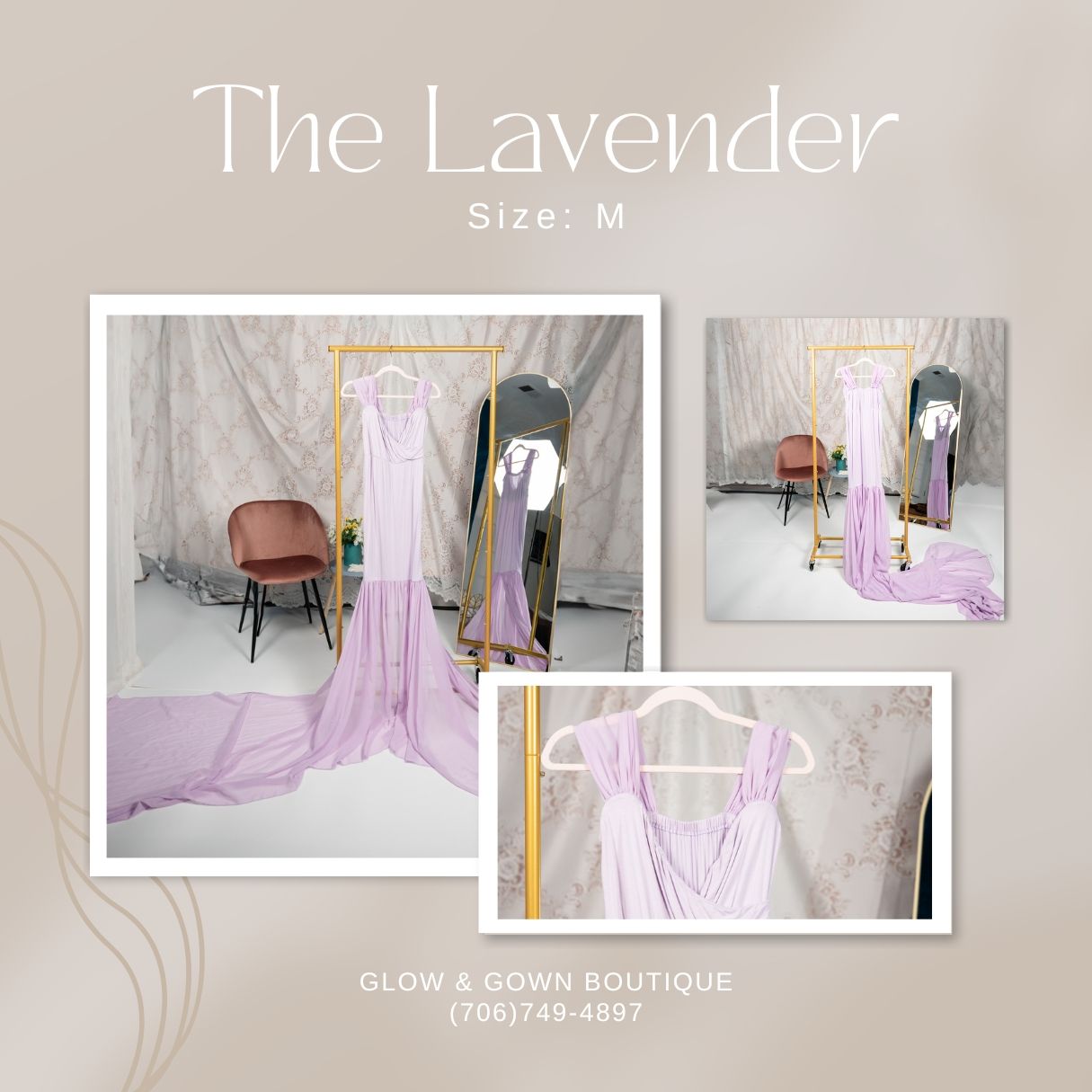 Soft lavender dress with delicate draping displayed in boutique setting.