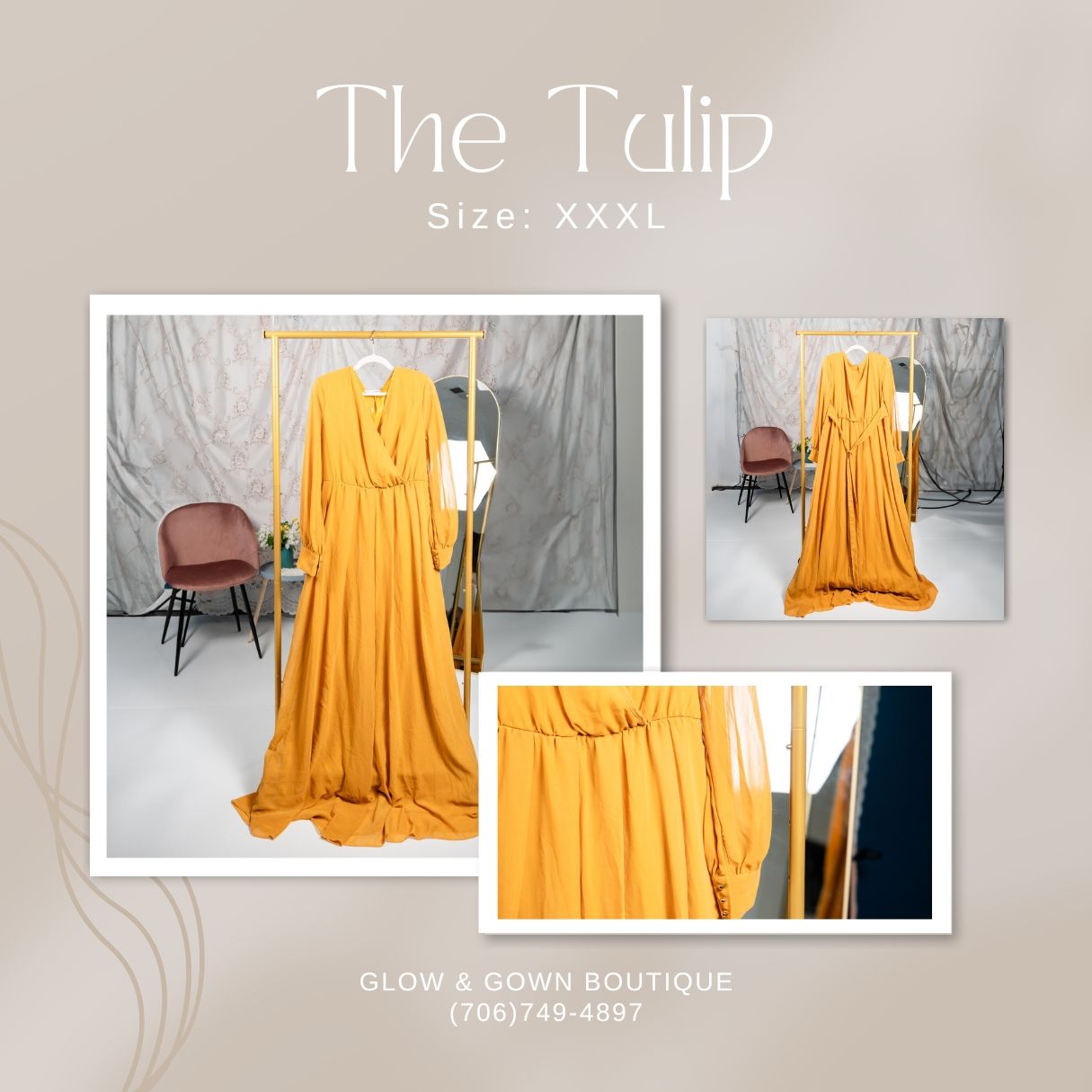 Mustard yellow maxi dress with long sleeves and gathered waist displayed on mannequin.