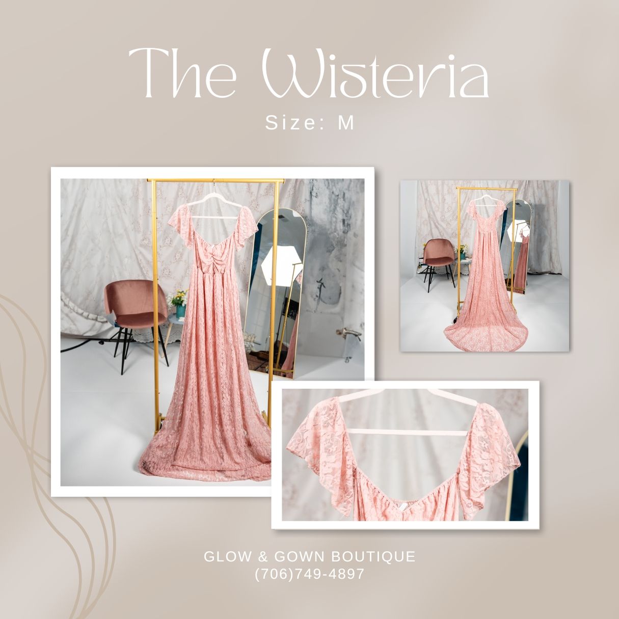 Soft pink flowing gown with ruched details and long skirt shown in boutique display.