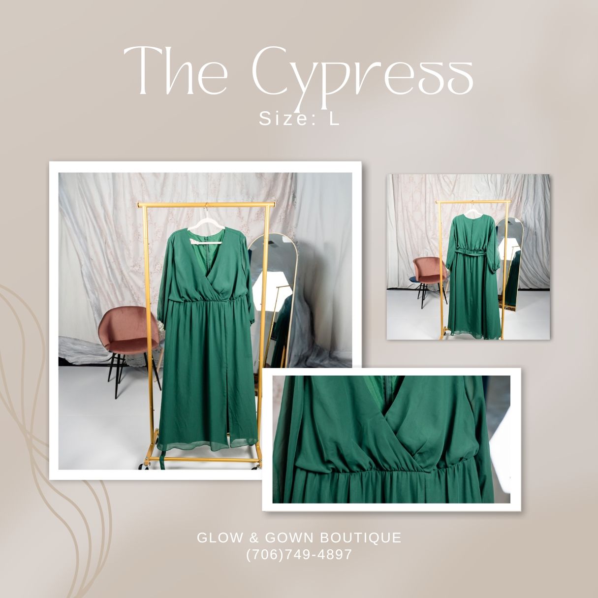 Elegant green maxi dress with wrap-style bodice and flowing skirt shown from multiple angles.