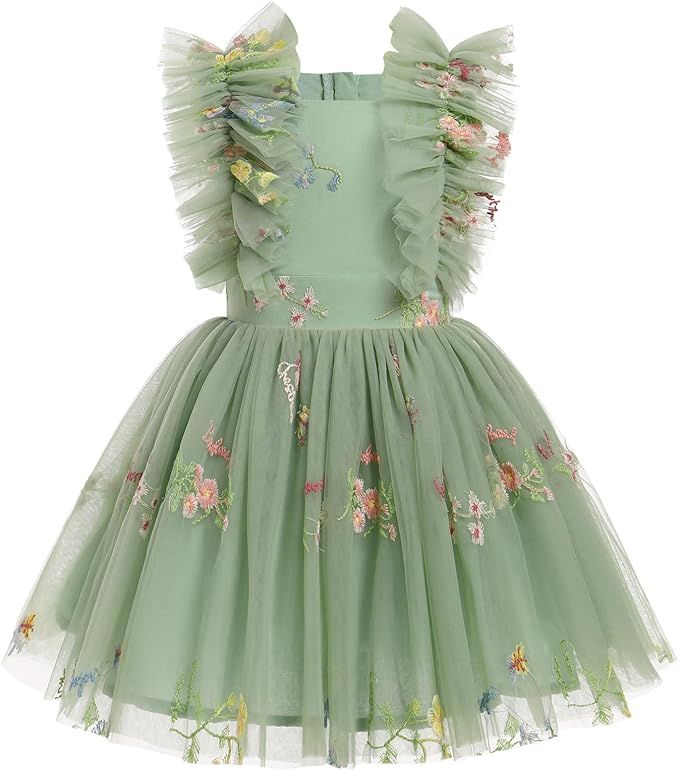 Mint green tulle dress with floral embellishments and ruffled sleeves shown in different angles.