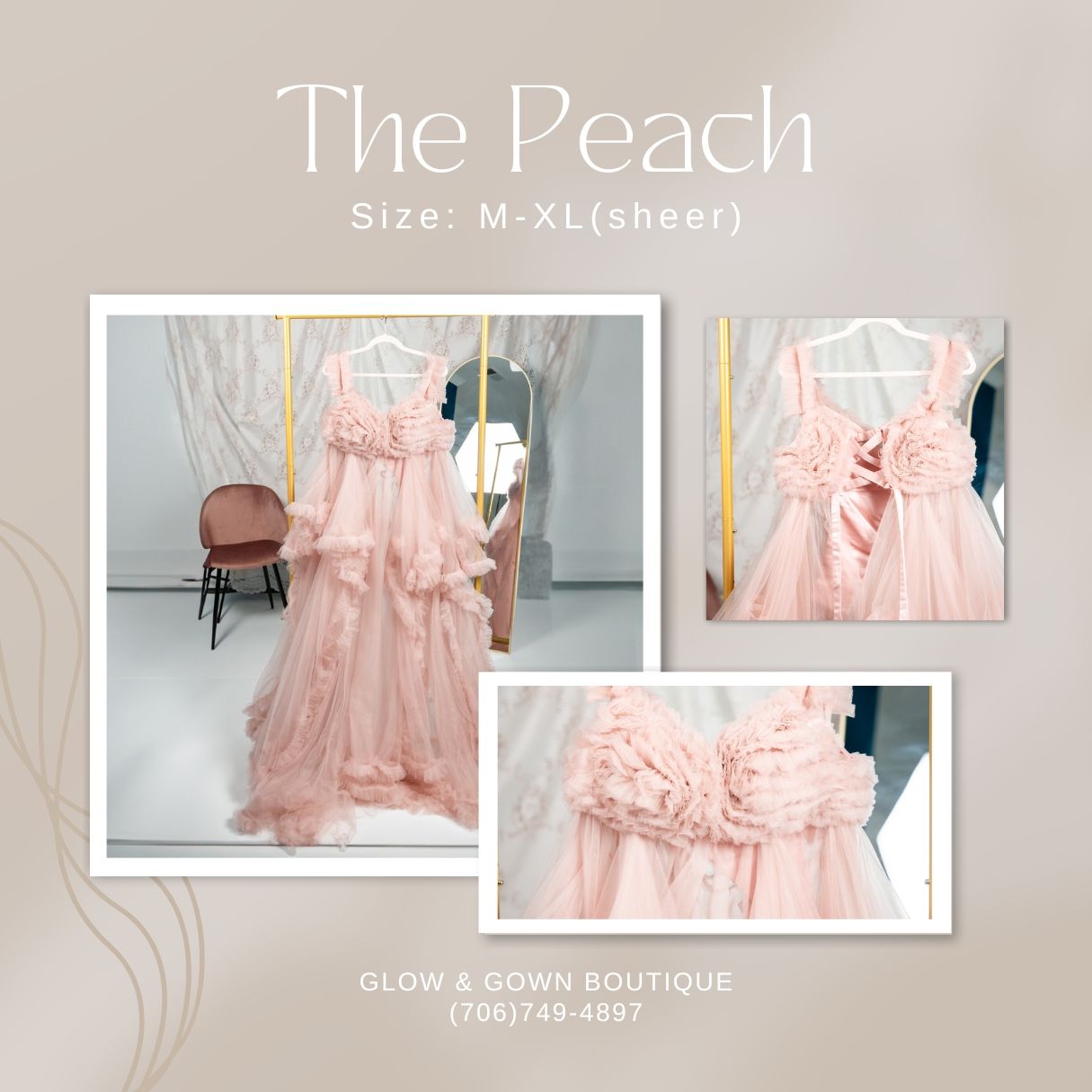 Elegant peach-colored layered dress displayed in a boutique setting.