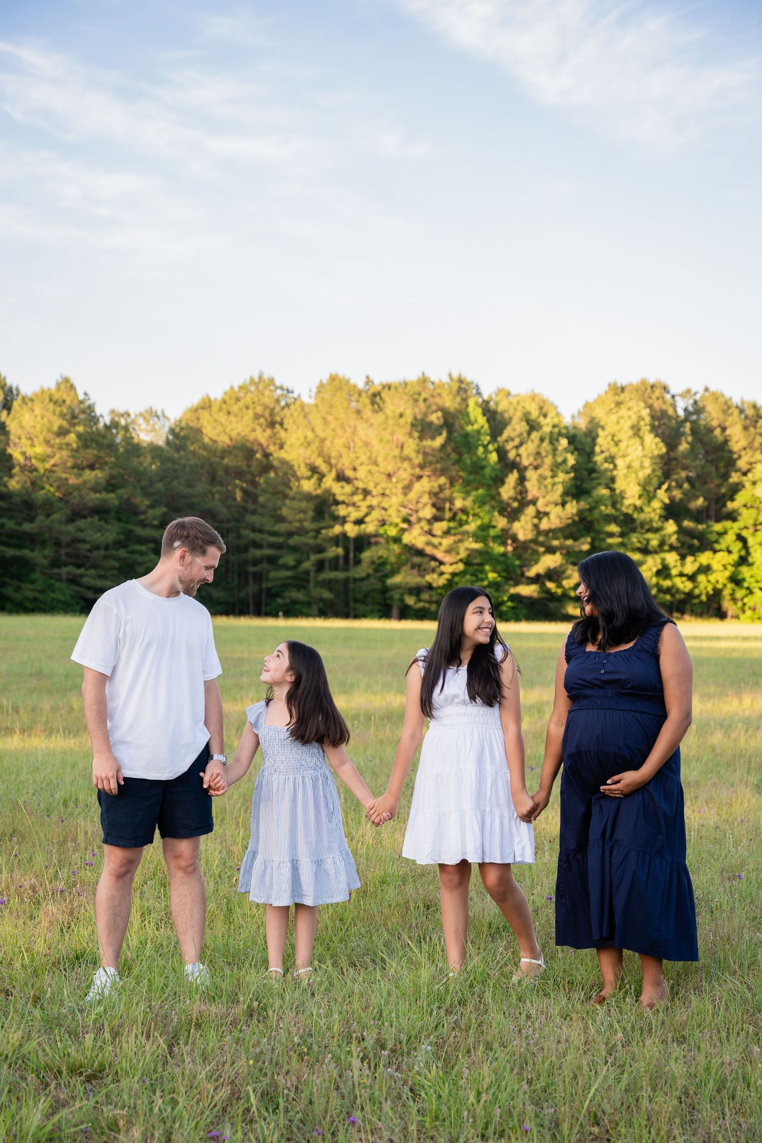 Family of four holding hands in a sunny grassy field with trees behind, a pregnant mother in a navy dress, a father, and two daughters.