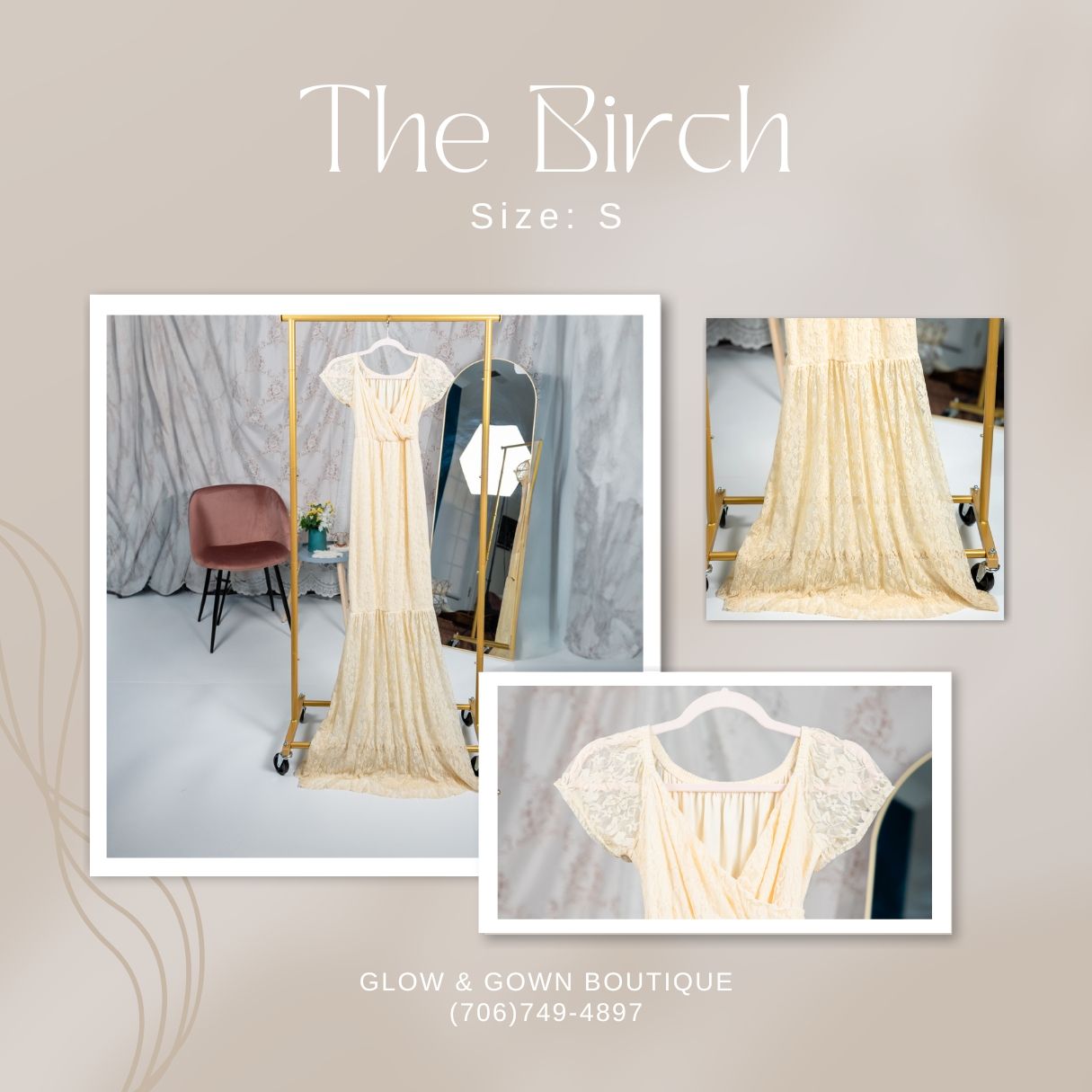 Cream colored lace dress with short sleeves displayed in boutique setting.