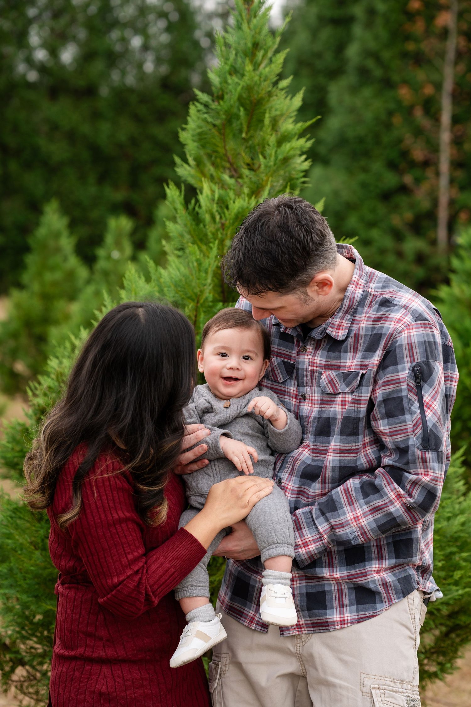 Family sharing playful moments together against evergreen trees during a photo session.