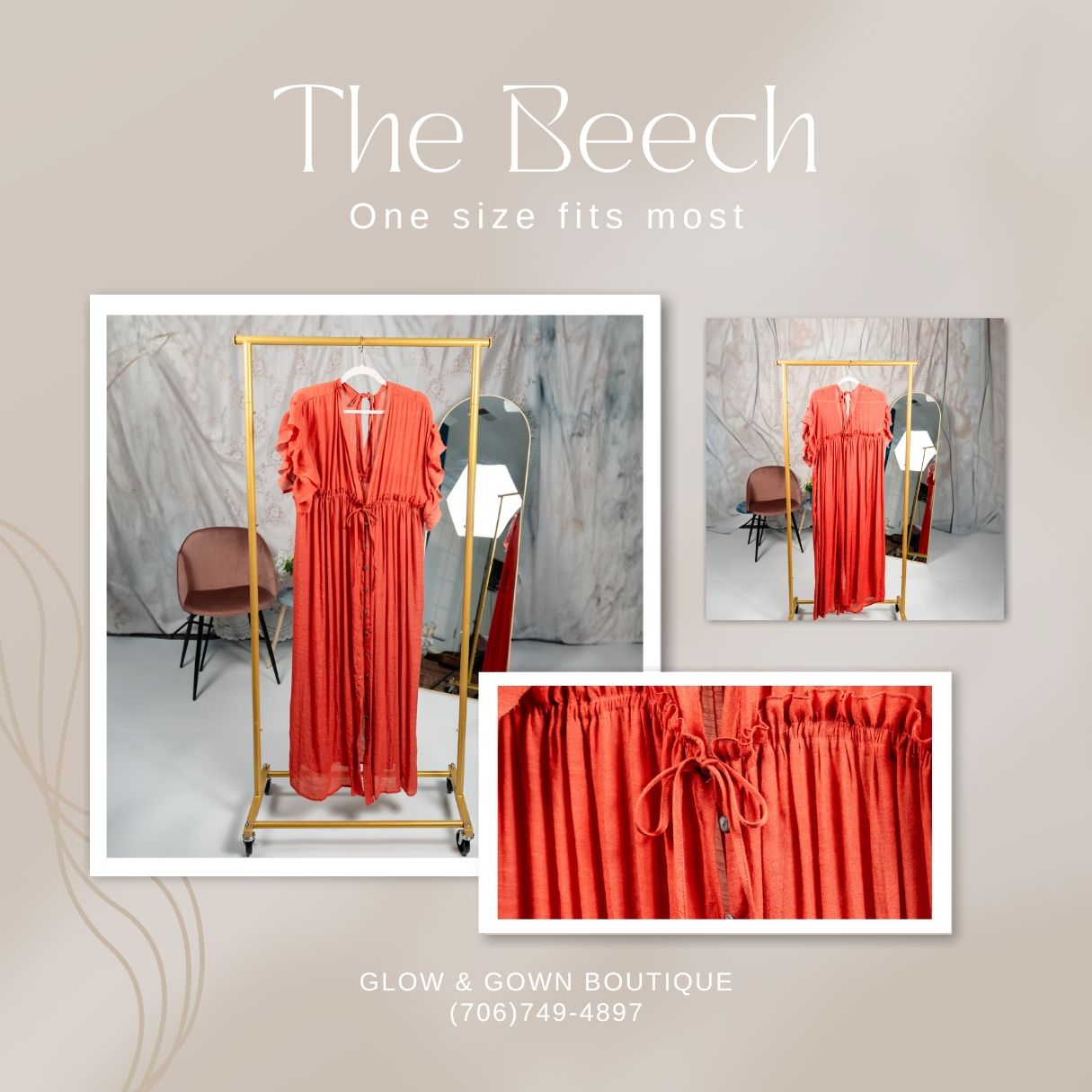 A red maxi dress called The Beech displayed on a mannequin with detail shots of the design.