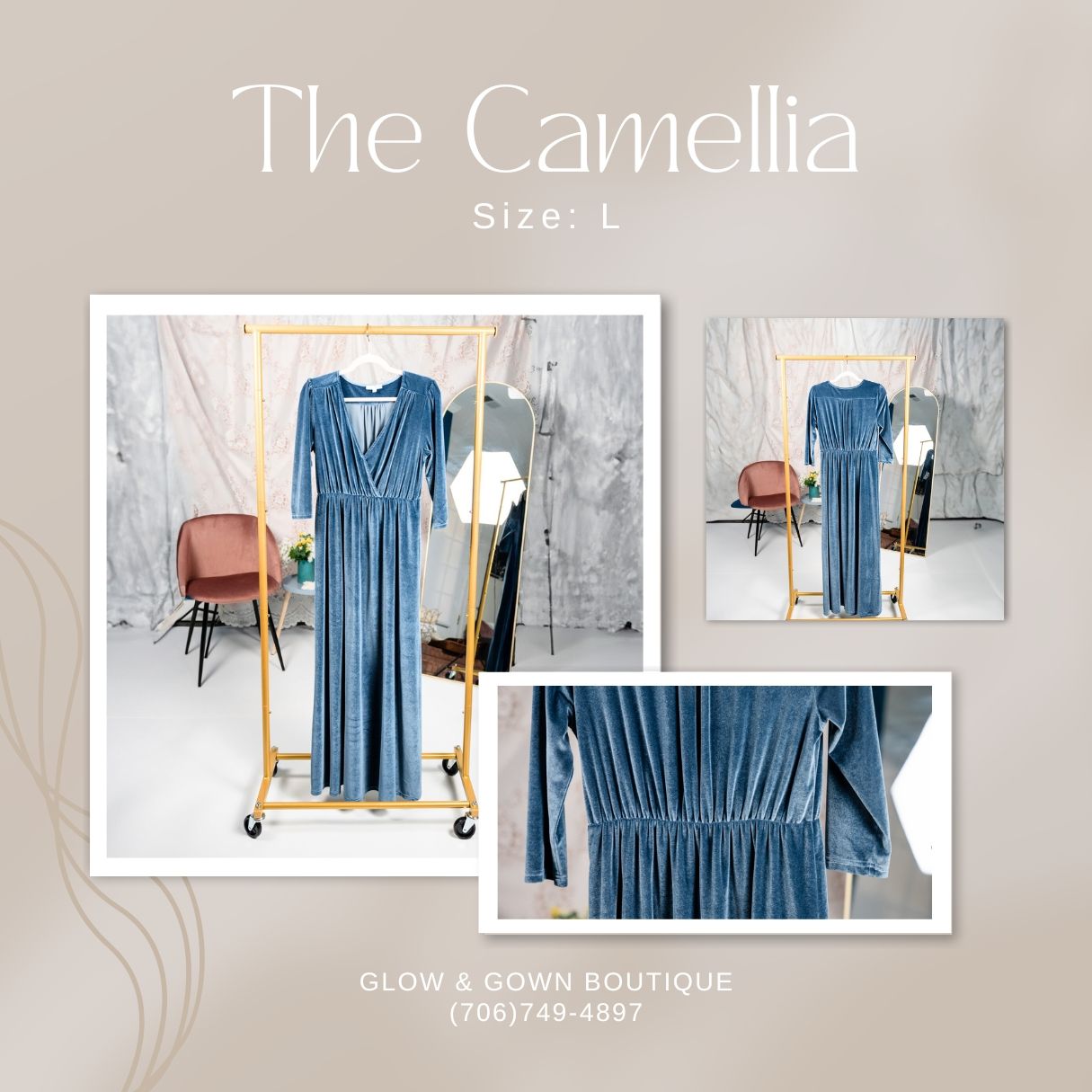 A dusty blue maxi dress called The Camellia shown with detail views of the waist gathering.
