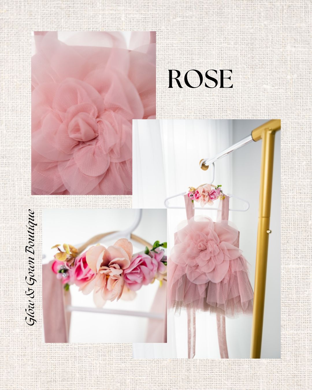 Pink tulle baby dress with floral embellishments.