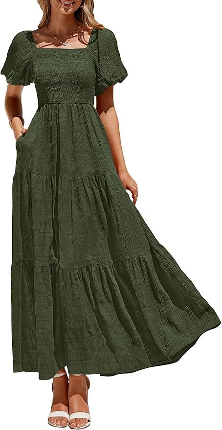 Olive green tiered cotton maxi dress with short sleeves and empire waist shown from multiple angles.