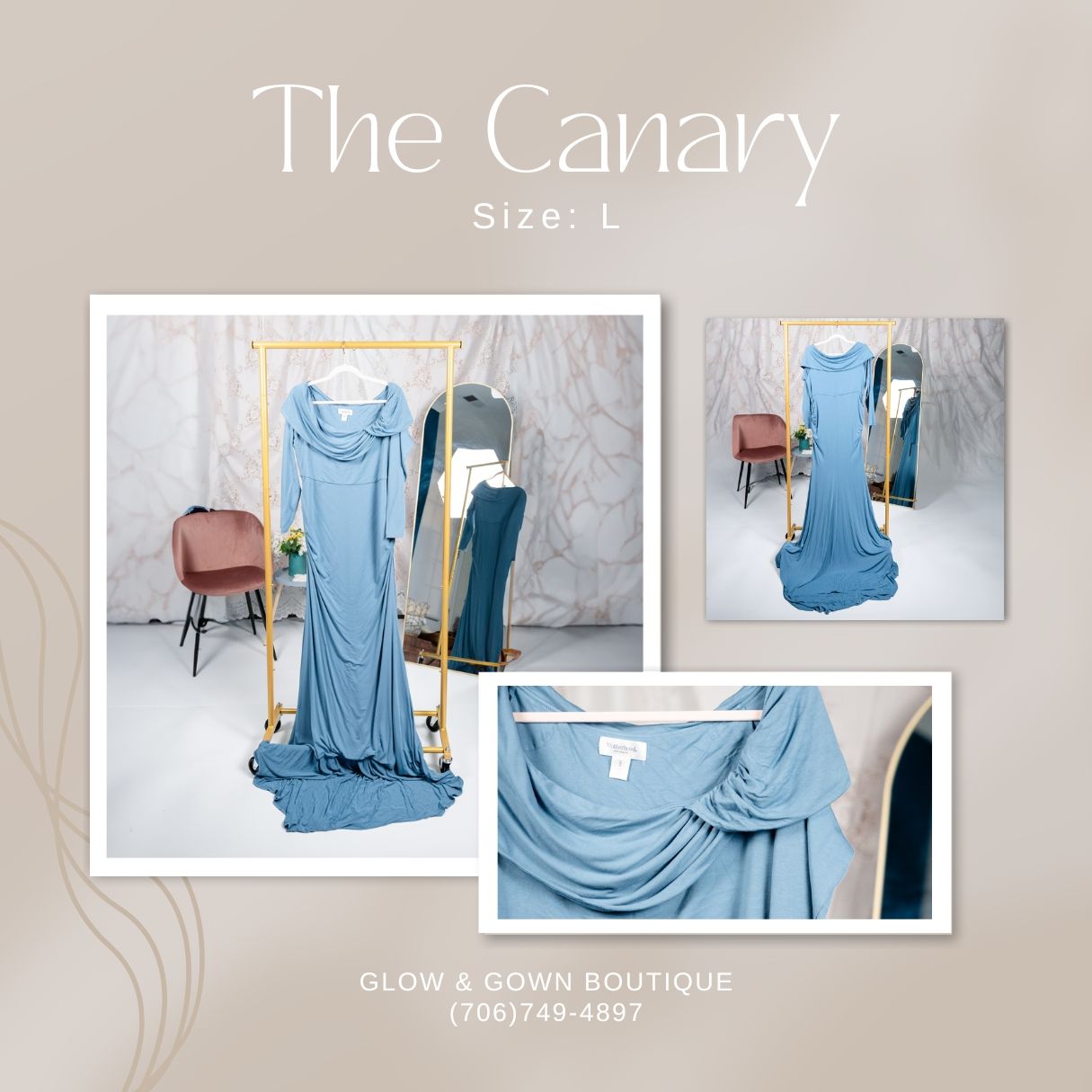 Light blue sleeveless dress with cowl neckline displayed in boutique.