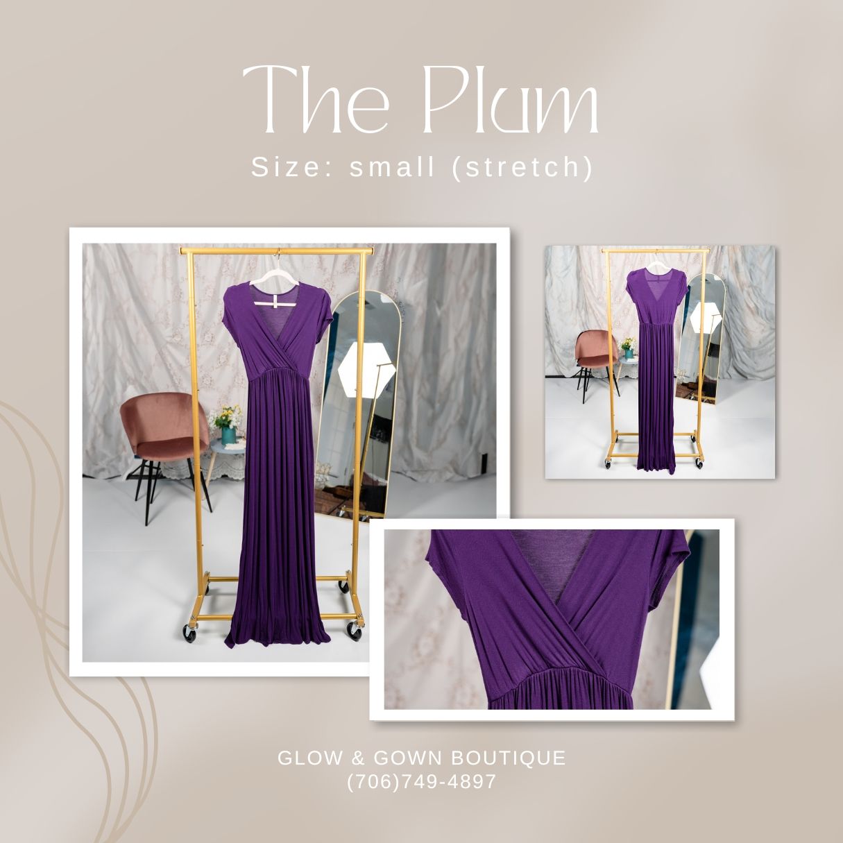 A purple wrap-style maxi dress called The Plum displayed in a boutique setting.