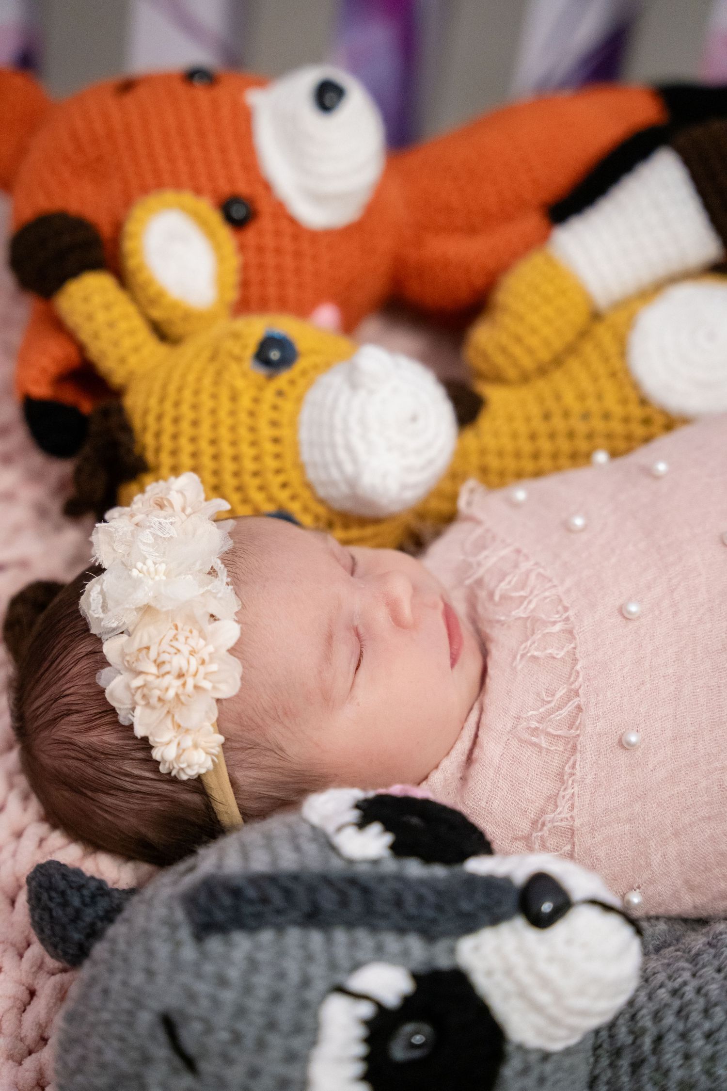 Sleeping newborn baby girl wearing a floral headband surrounded by colorful crocheted animal stuffed toys.