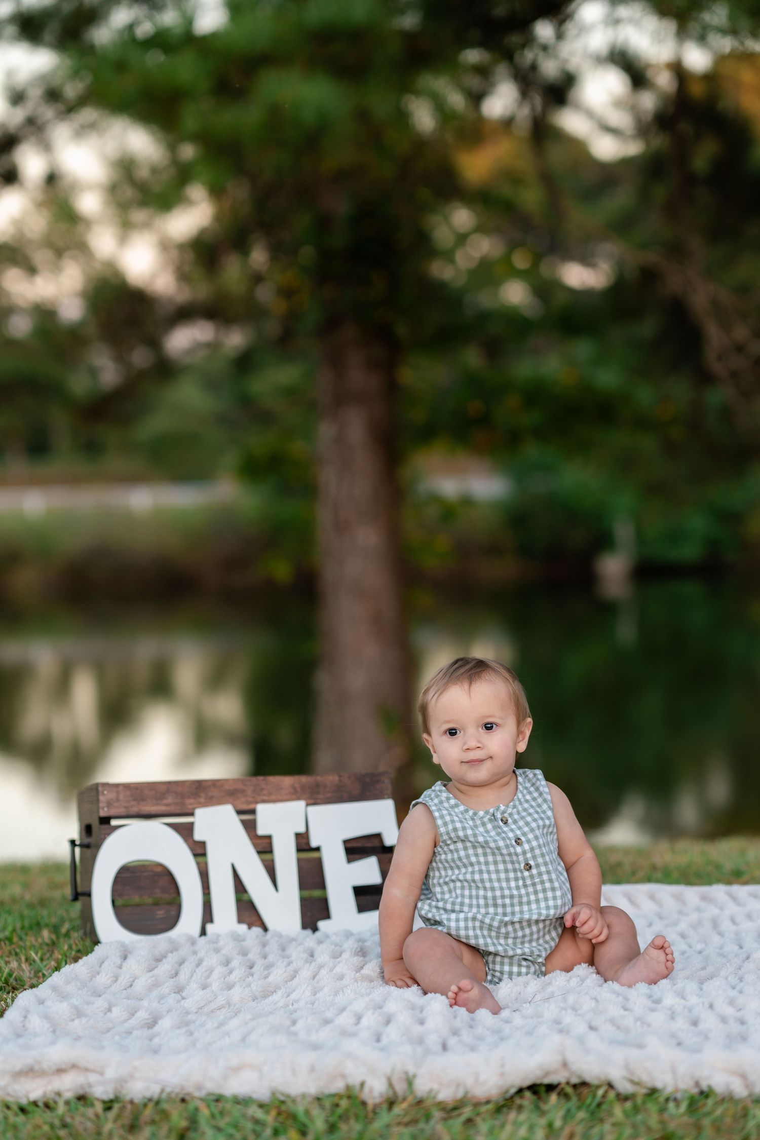 Baby's first birthday photo shoot outdoors with ONE sign on white blanket near a tree and pond.