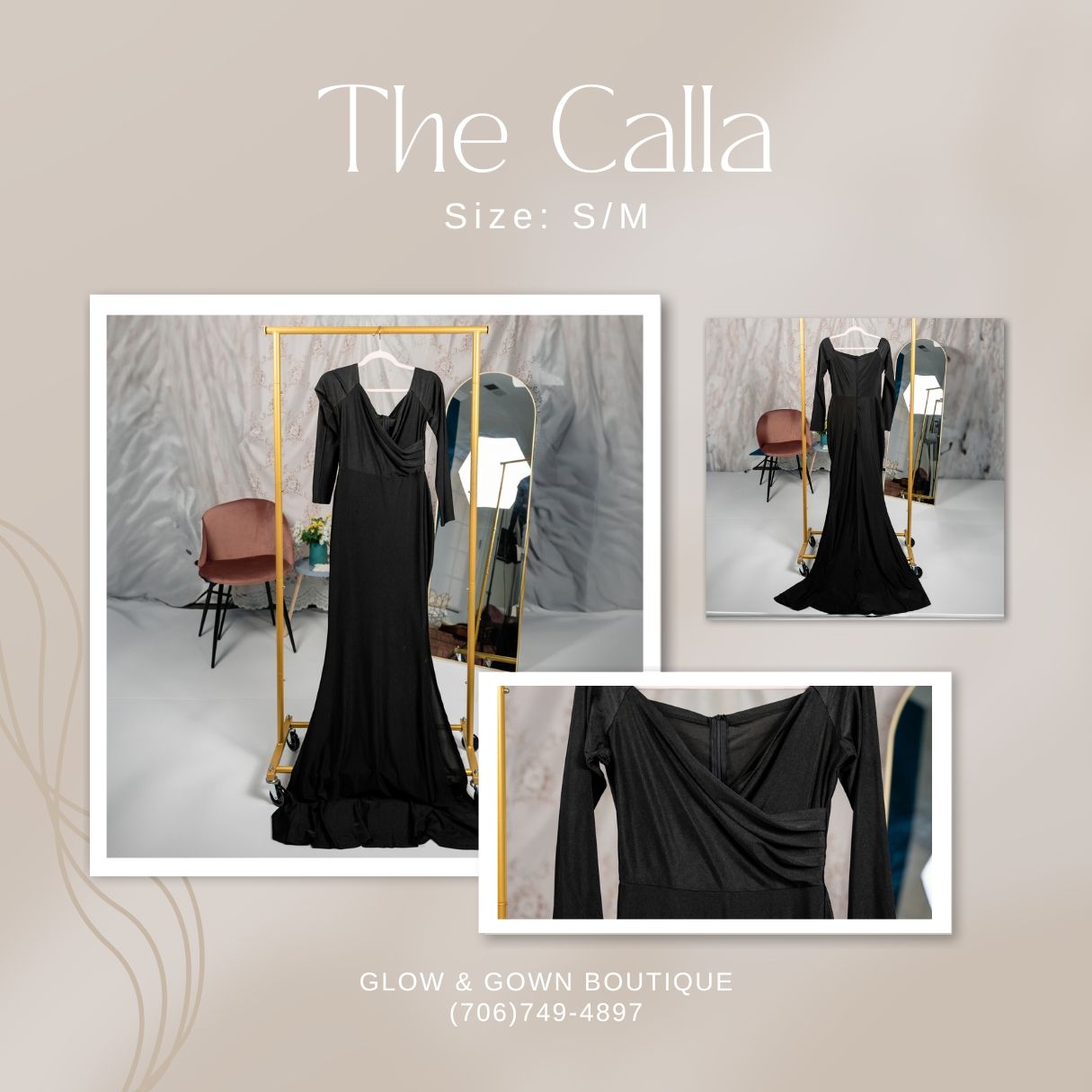 Classic black long sleeve maxi dress with v-neck and fitted silhouette shown in store display.