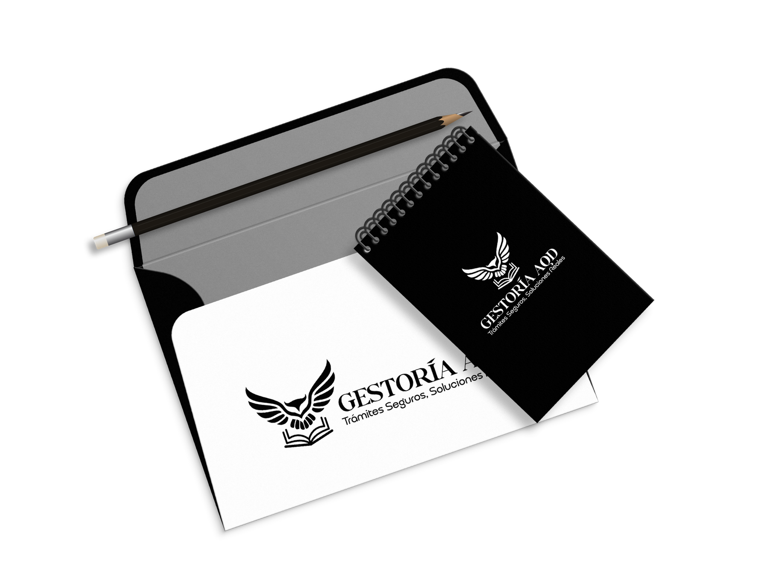 Aplicación de identidad visual de Gestoría AQD en papelería corporativa