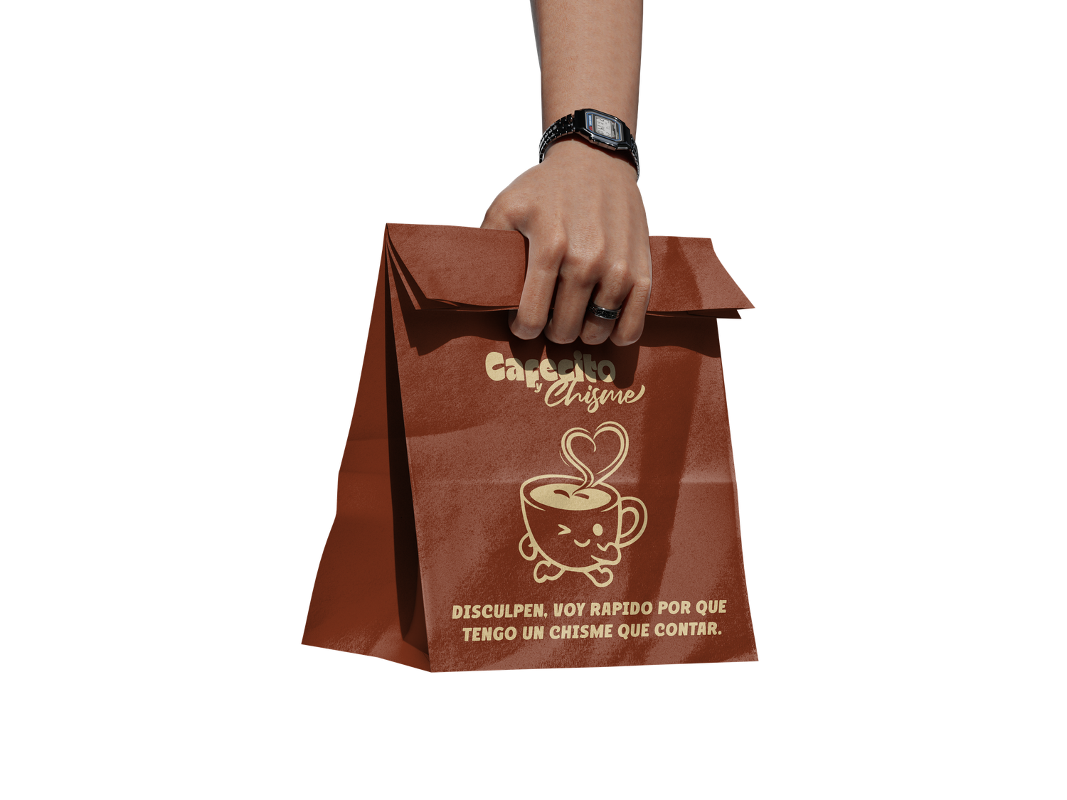 Diseño de bolsa personalizada con identidad visual de Cafecito & Chisme