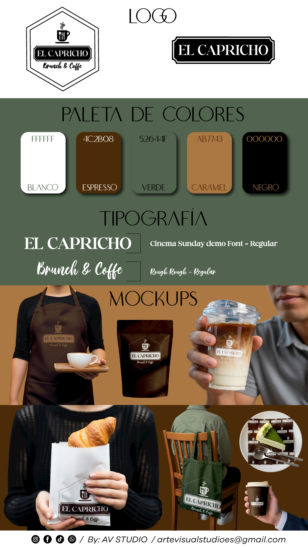 Identidad visual y aplicaciones de marca desarrolladas para El Capricho Brunch & Coffee