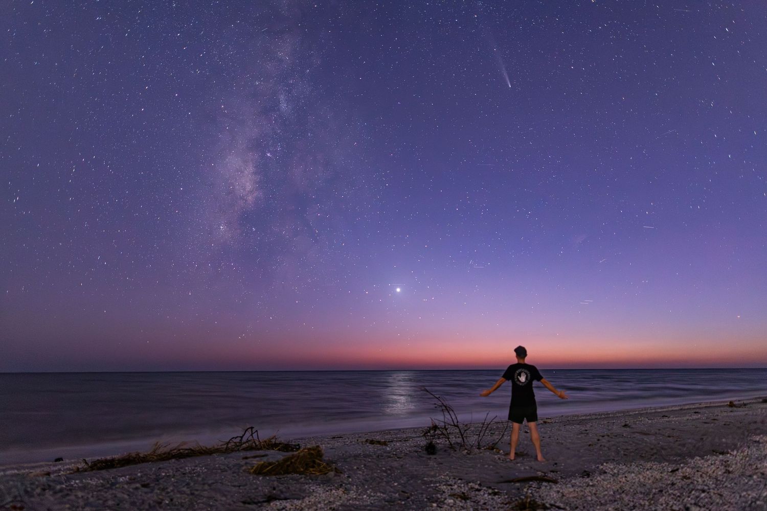 A series of starlit night sky photographs showing the Milky Way over various coastal landscapes at twilight.