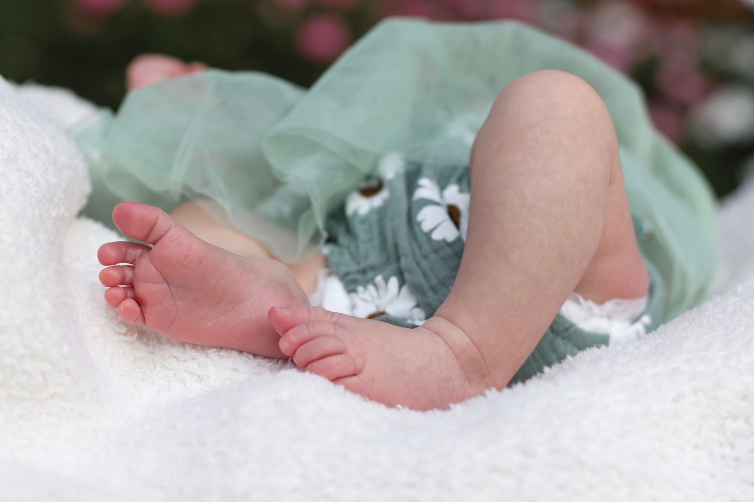 A close-up view of tiny newborn baby feet nestled in soft white fabric.