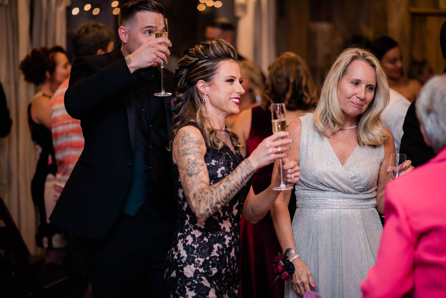 Bride enjoying a toast and drink, during wedding reception, held at The Winery at Bull Run in Centreville, Virginia