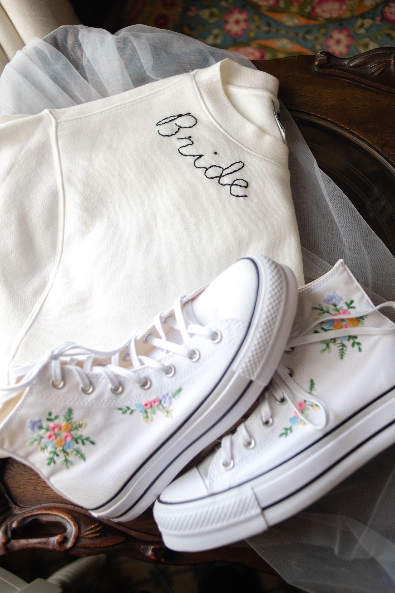 Brides embroidered wedding day details at The Vandiver Inn in Havre De Grace, Maryland