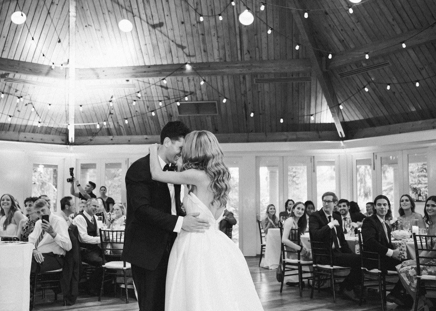 Black and white portrait of couple enjoying their first dance- Airlie, Warrenton, Virginia