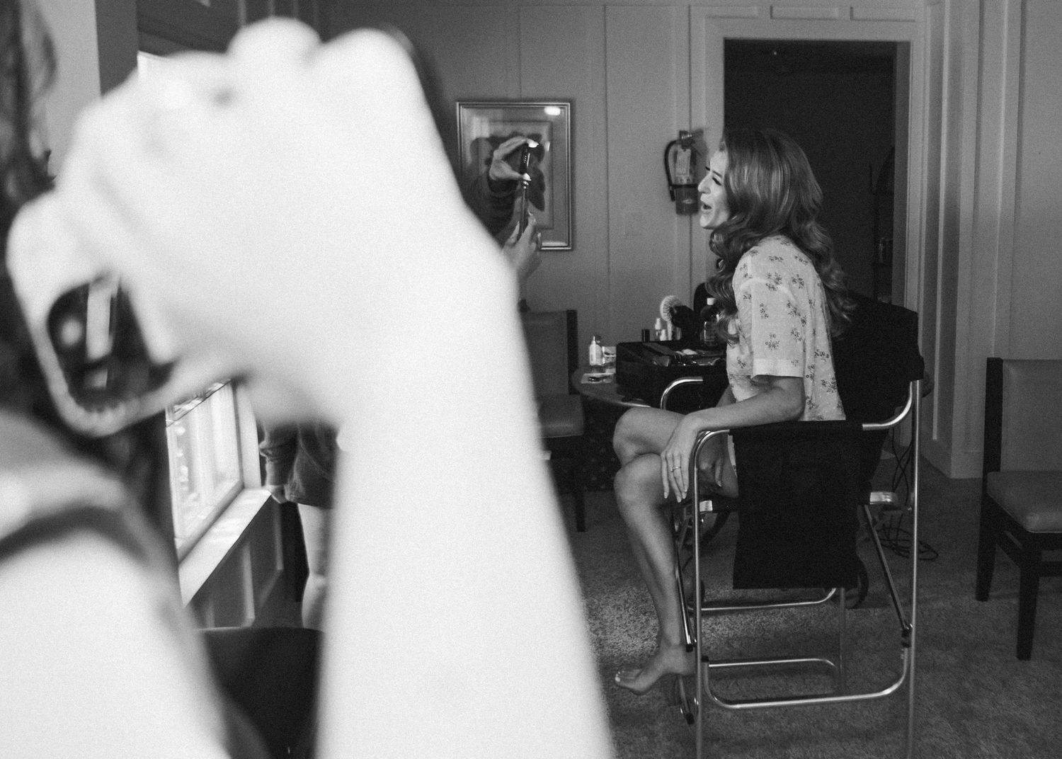 Black and white portrait of bride singing into the camera- Post Room- Airlie, Warrenton, Virginia