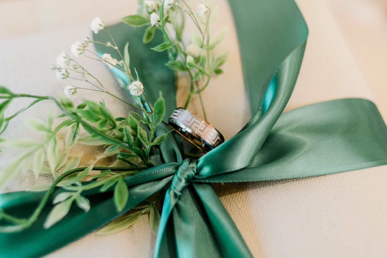 Accent color of green with groom's wedding band, Great Marsh Estate