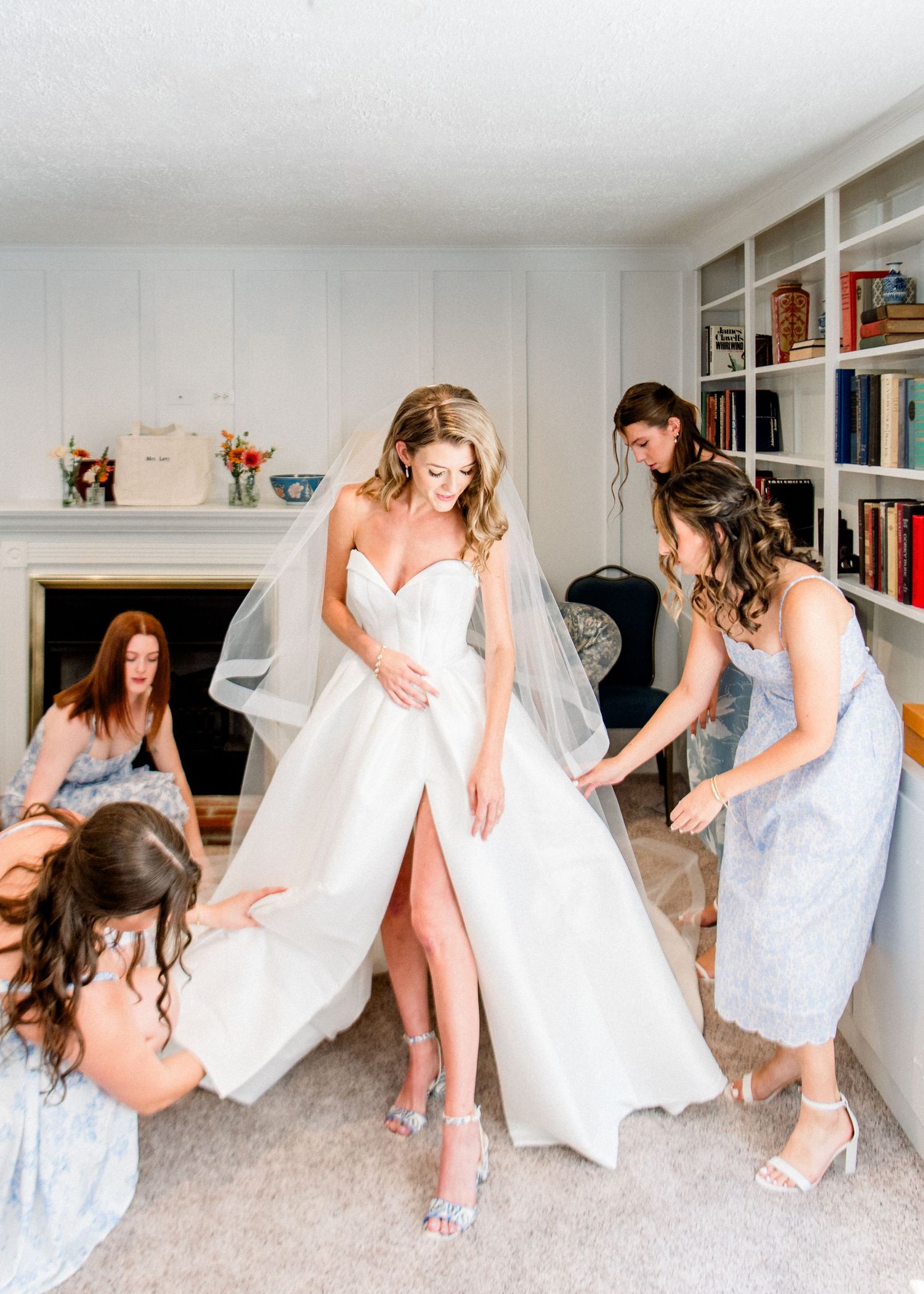 Bride getting ready with her bridesmaids at the Post Room- Airlie wedding venue- Warrenton, Virginia