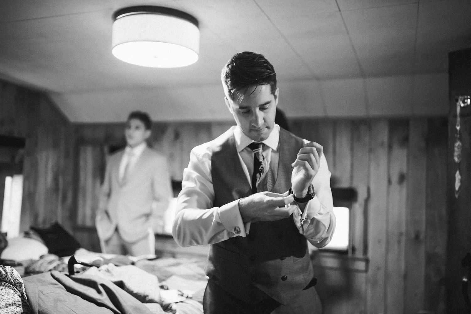 Groom getting ready at Cacapon State Park Resort in West Virginia