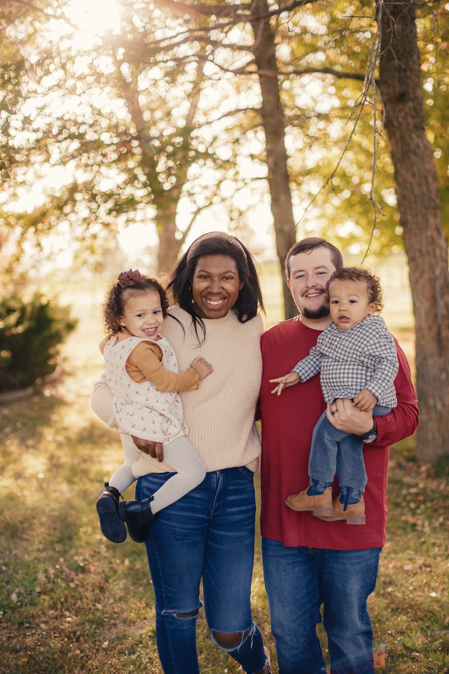 Family portrait series with parents and children playing outdoors in autumn setting.