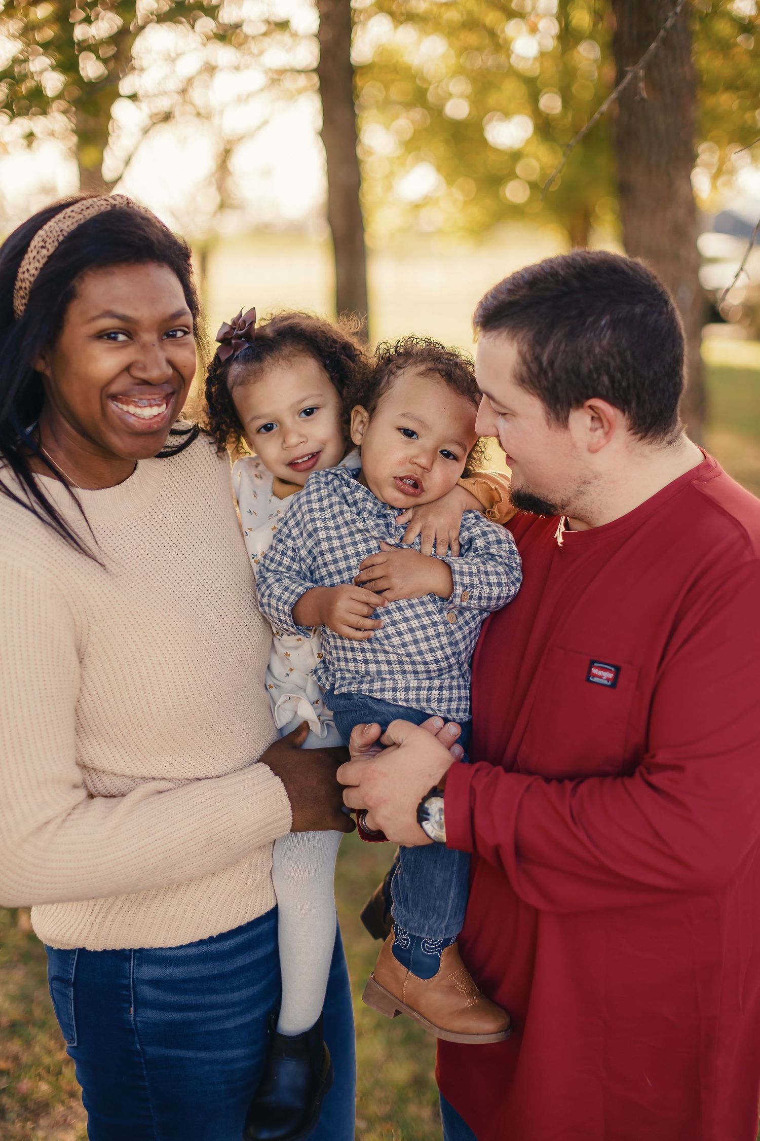 Candid family photos showing playful moments and laughter in an outdoor setting.