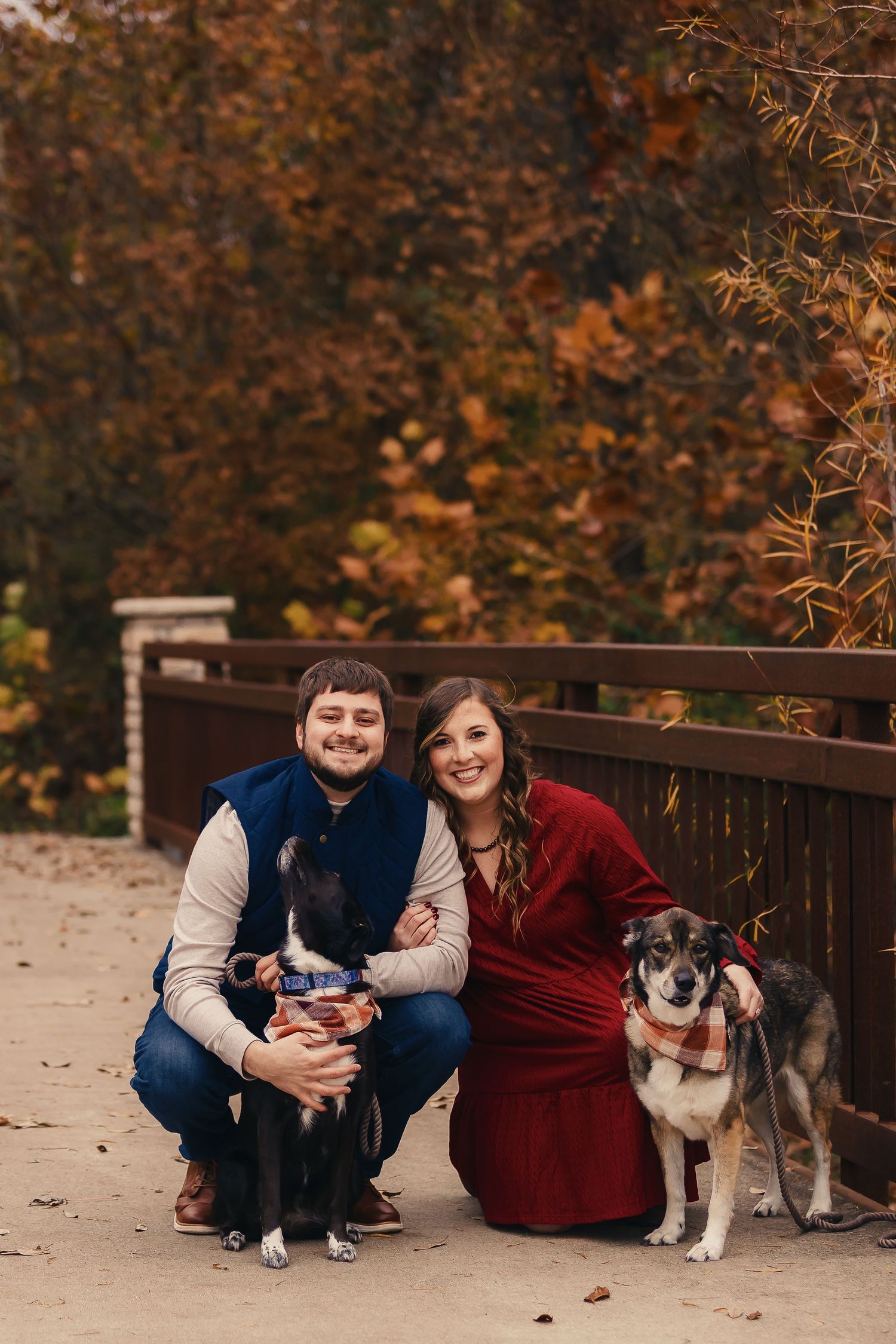 Autumn outdoor portrait with couple and dogs on wooden bridge surrounded by fall foliage.