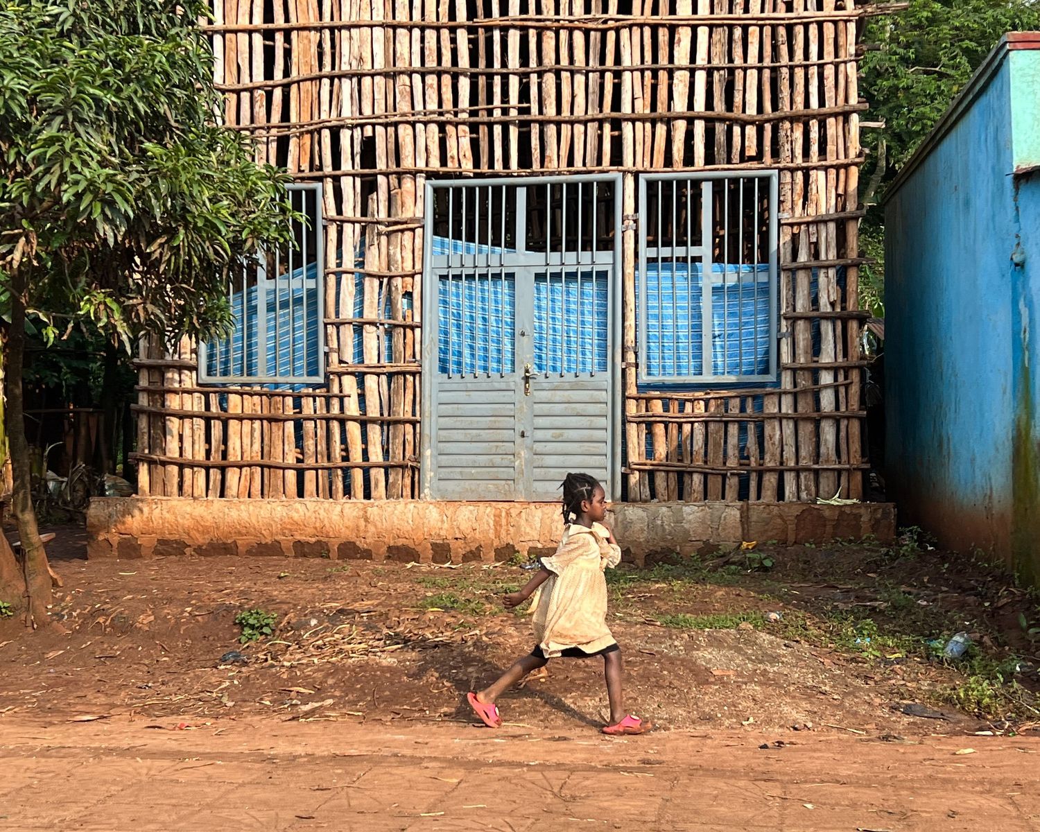Bamboo fence and blue buildings along a dirt path in a rural village setting.