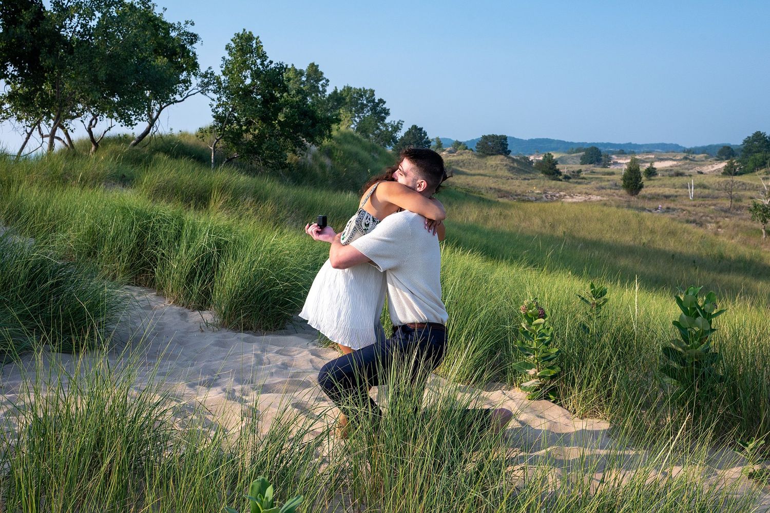 A joyful celebration in a scenic meadow with trees and rolling hills.