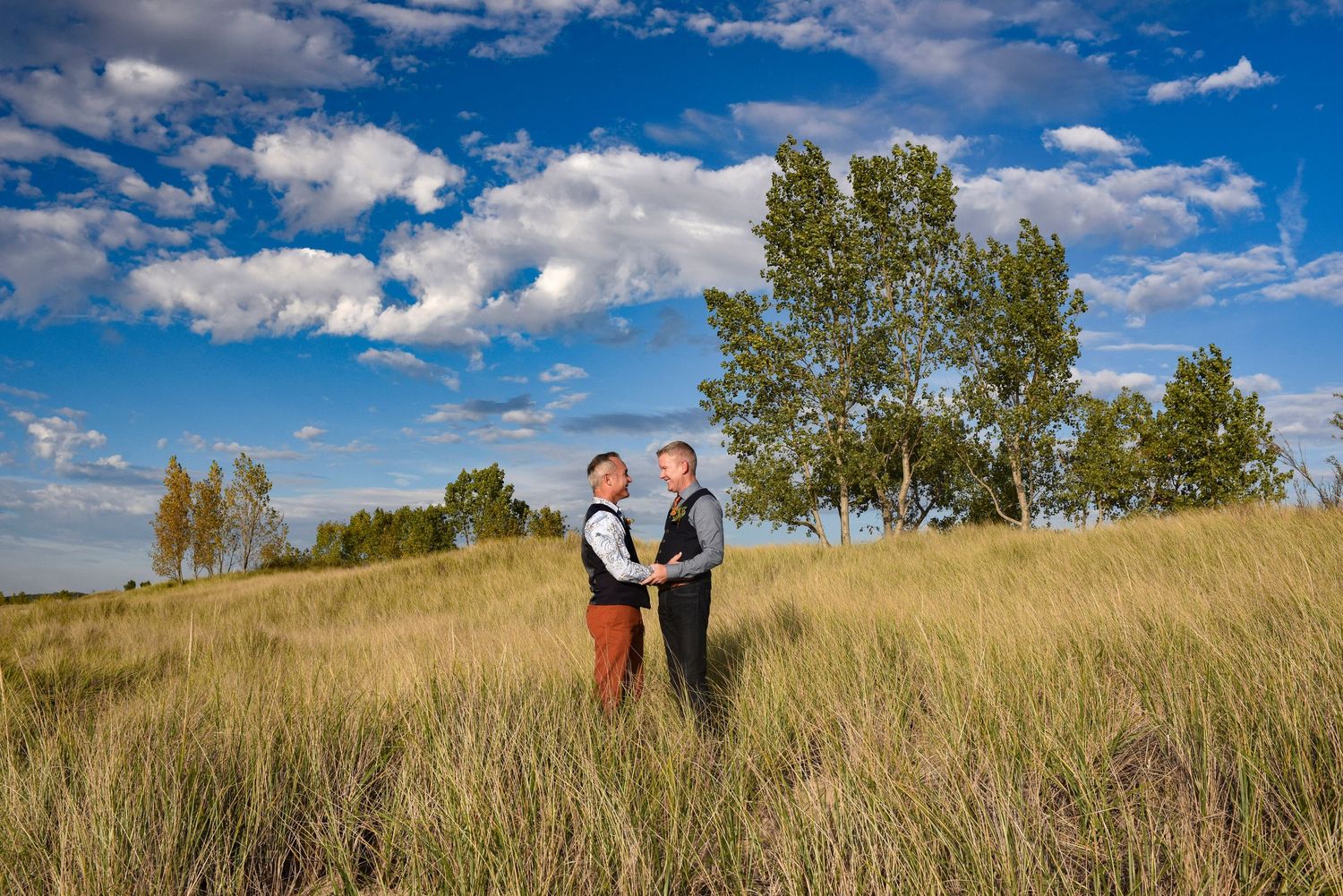 Two grooms hold hands in a golden meadow with trees and blue sky backdrop on their wedding day.