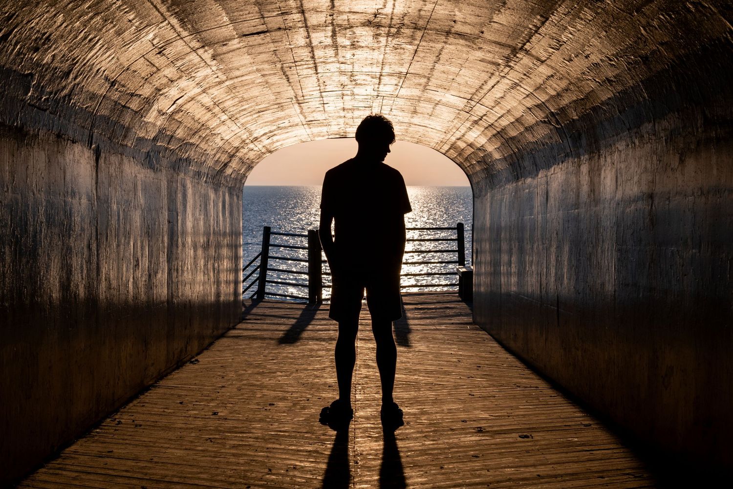 Dramatic silhouette in tunnel with bright light at end creating moody atmosphere.