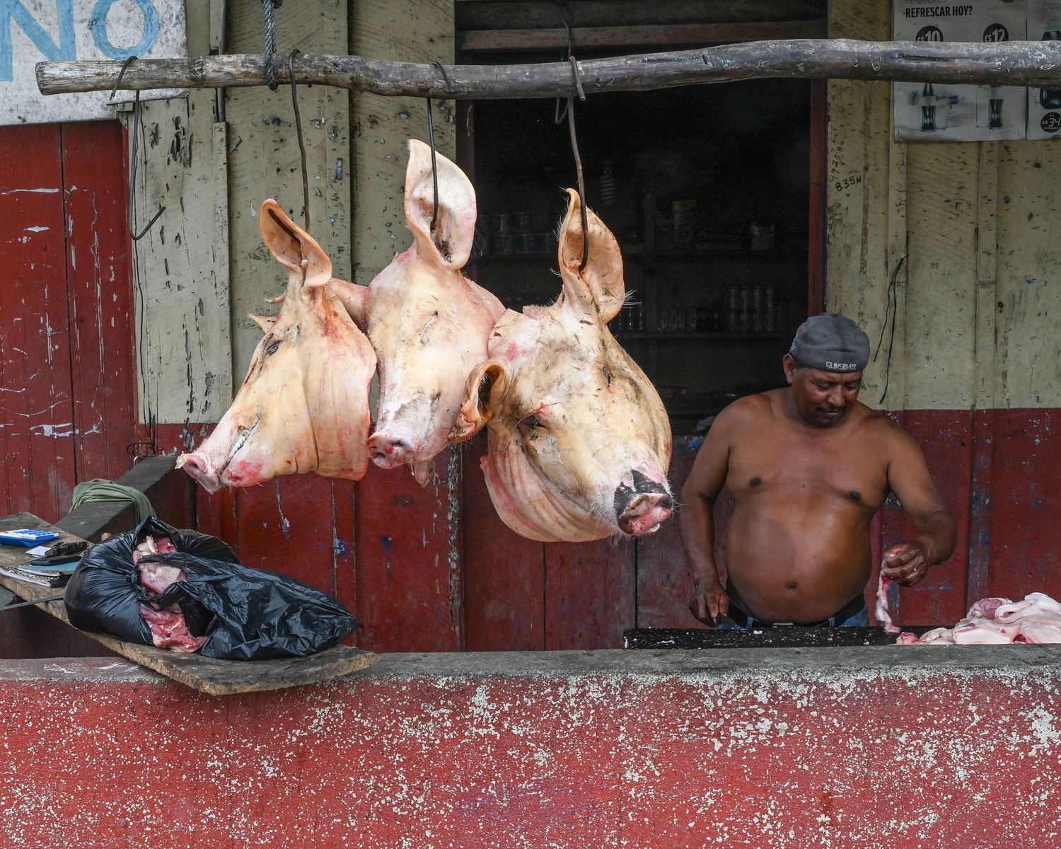 Butcher shop display showing hanging meat carcasses in a rustic setting.