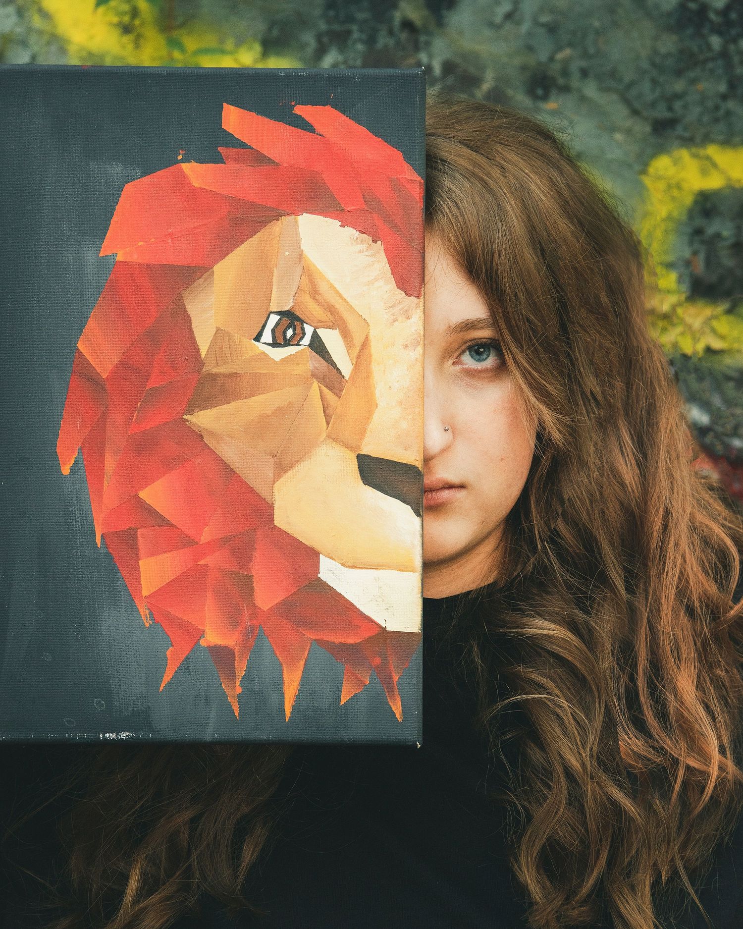 Creative portrait combining geometric lion artwork with natural elements.