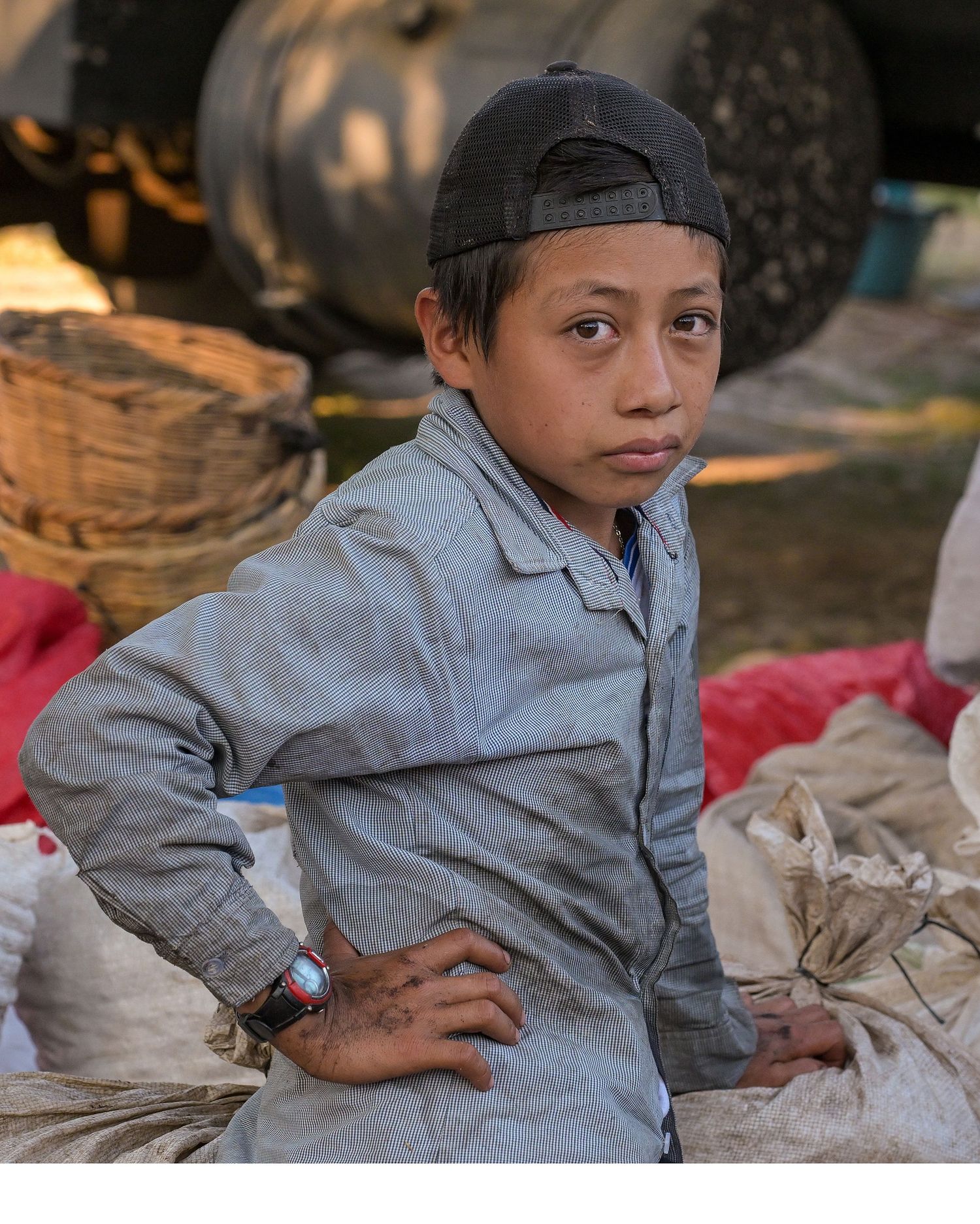 Coffee workers resting on sacks during the harvest season.