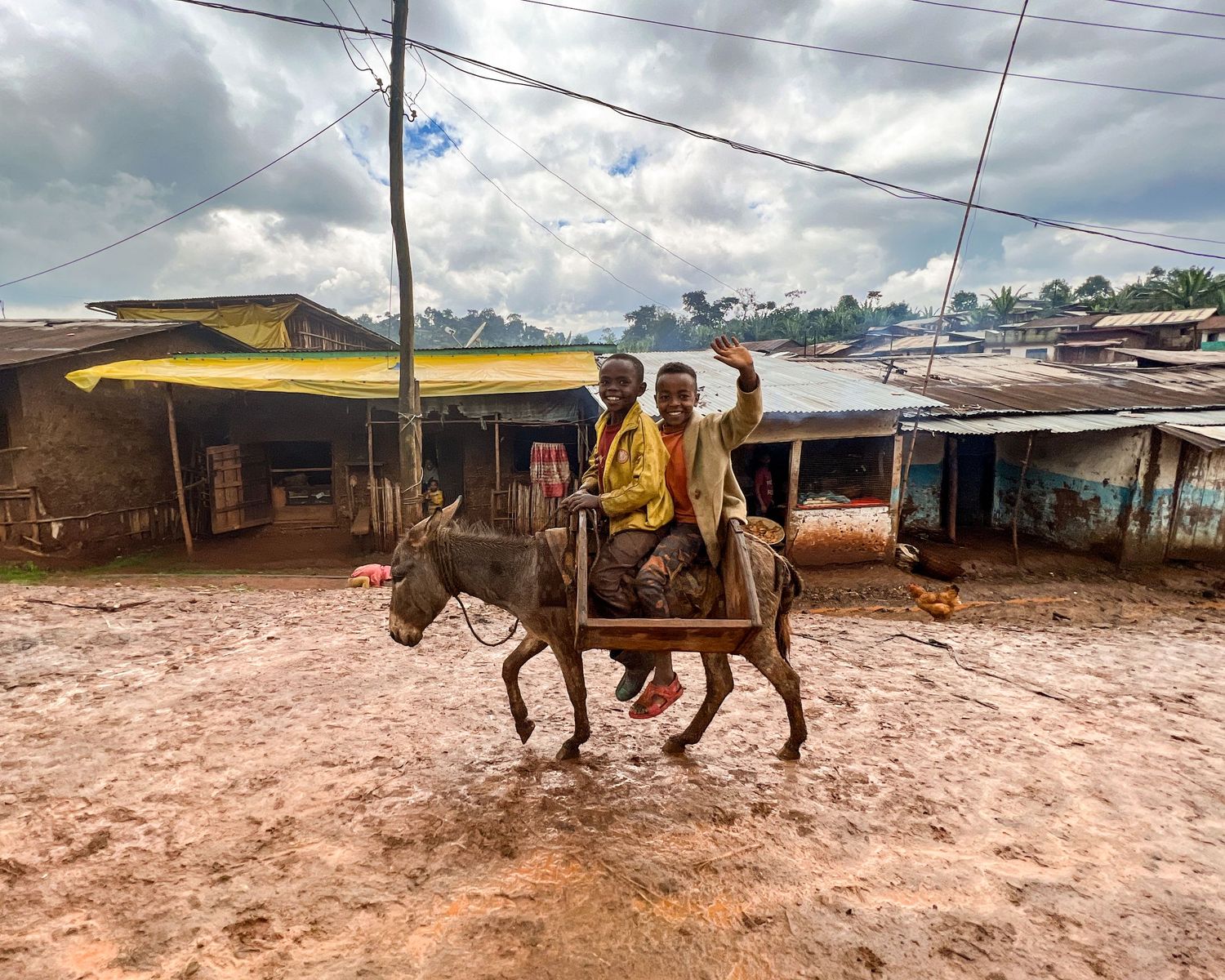 Donkey cart and buildings along a muddy street in a rural marketplace.