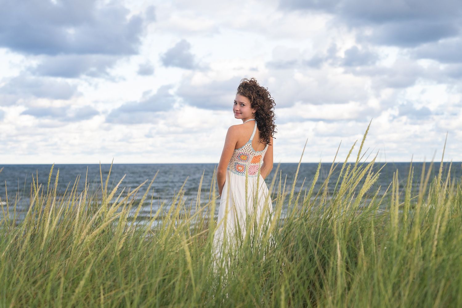 Wide landscape shot of coastal grassland with cloudy horizon.
