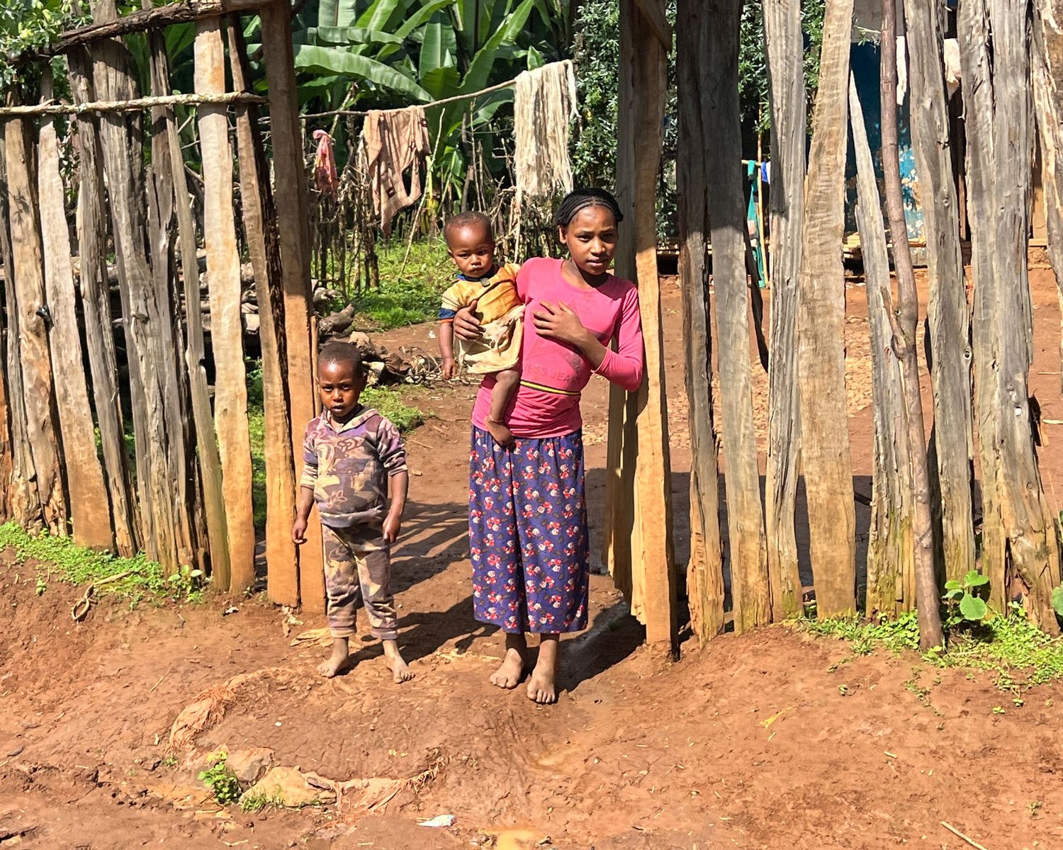 Wooden fence posts line a dirt path in a rural village setting.