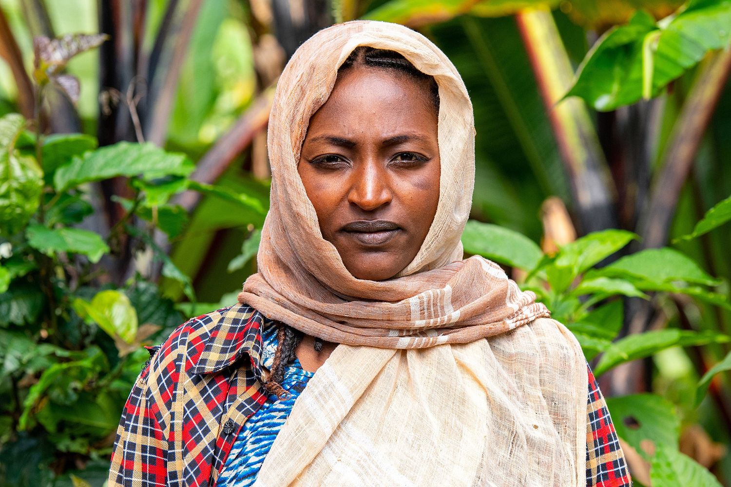 A sequence showing someone in traditional dress with a light headscarf against lush greenery.