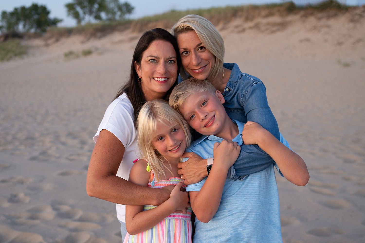 A series of casual beach portraits showing warm embraces and smiles at sunset.