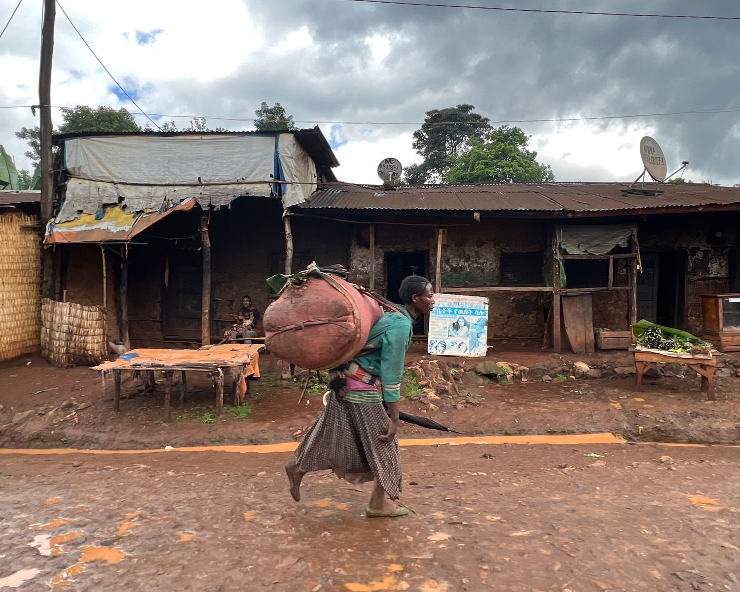 Rustic village scene with wooden structures and red dirt paths in a rural setting.