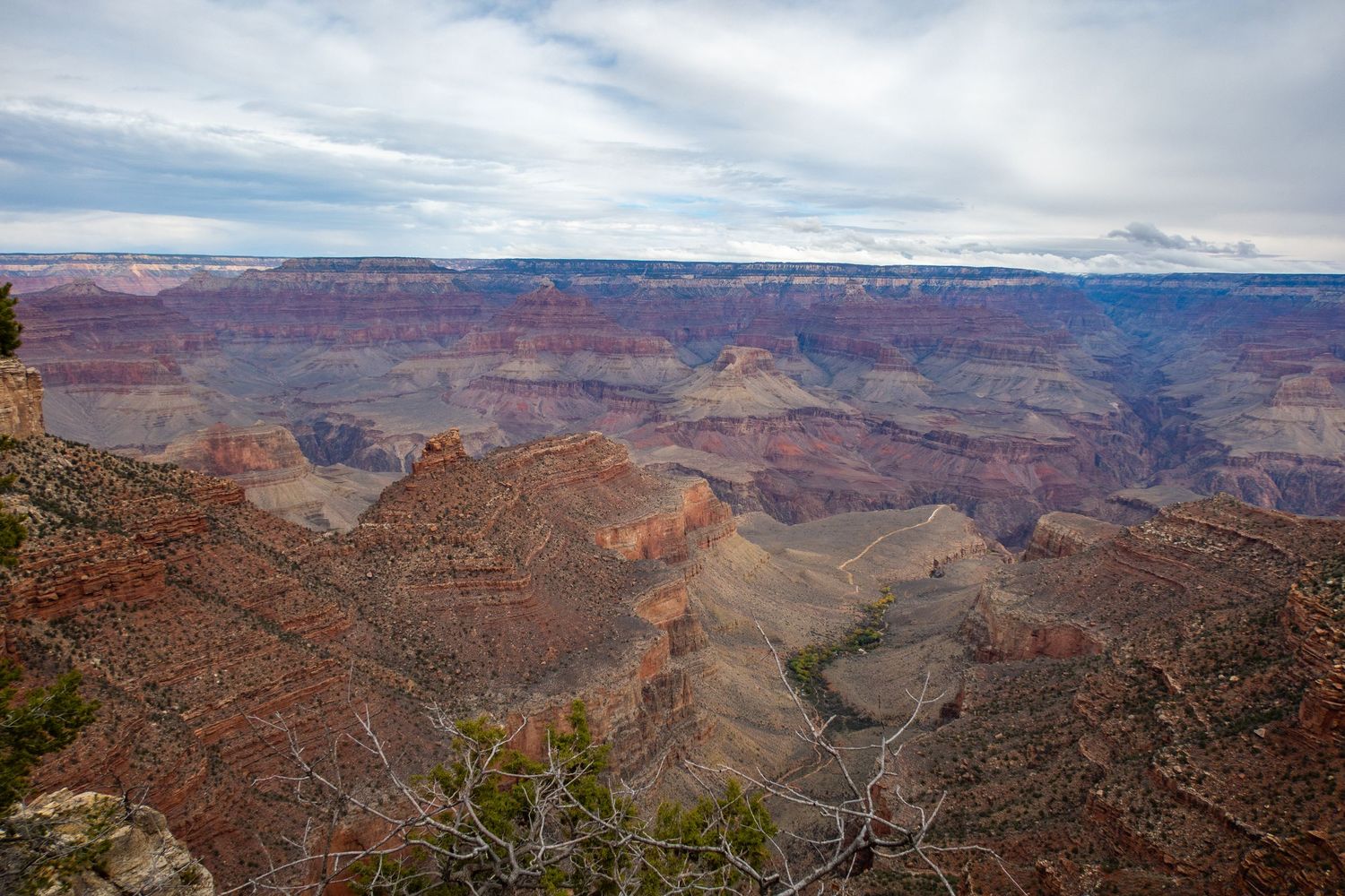 Wide landscape view of the Grand Canyon's rugged terrain with distinctive geological layers visible.