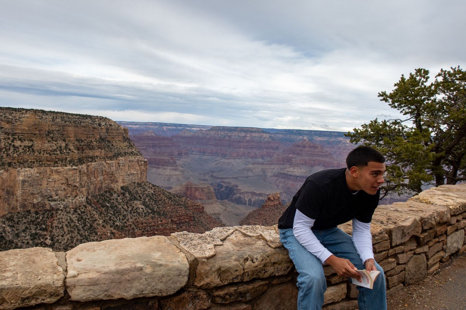 Person in casual attire sits on stone wall overlooking the majestic Grand Canyon on a cloudy day.