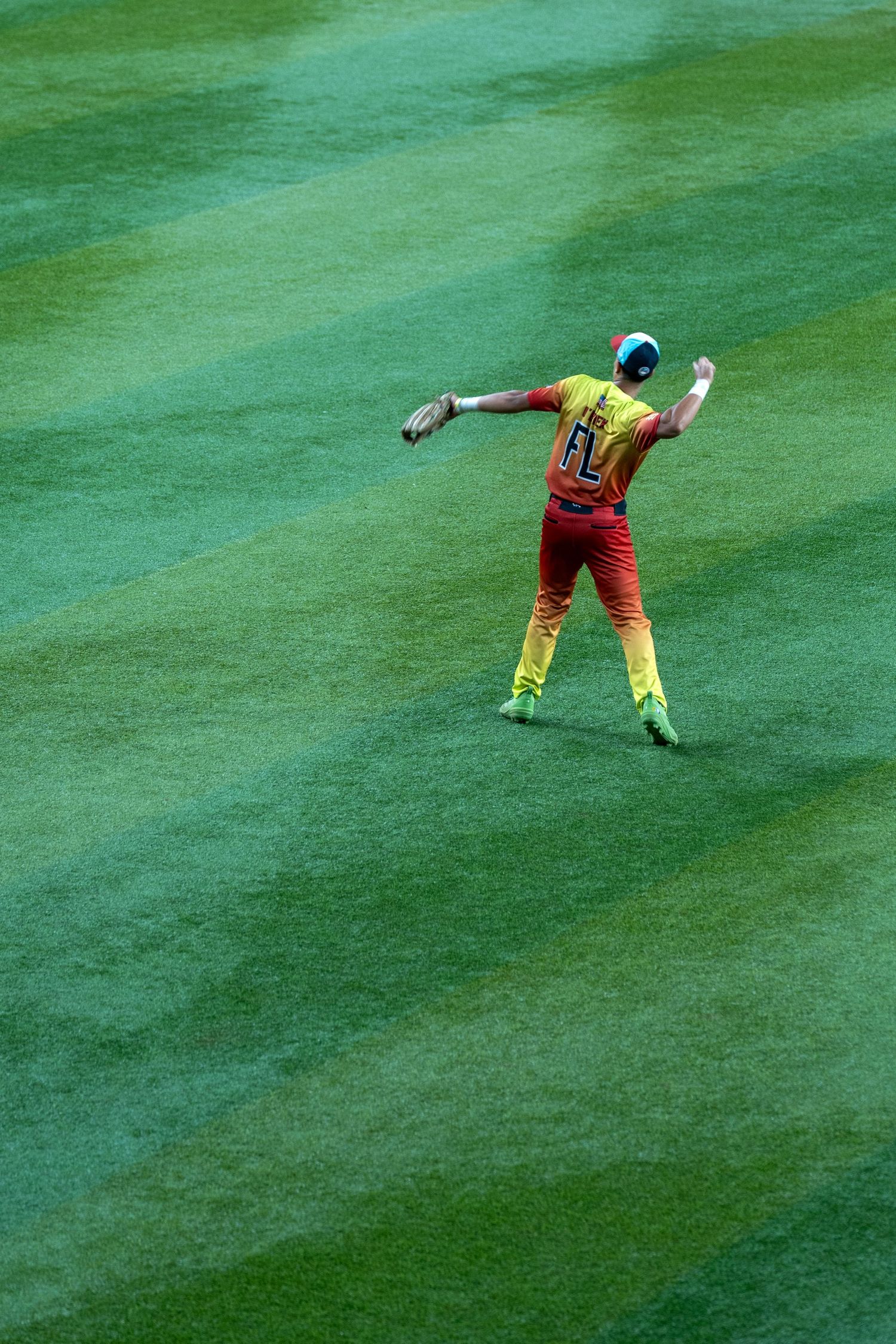 Baseball player makes a diving catch on the outfield grass during a game.